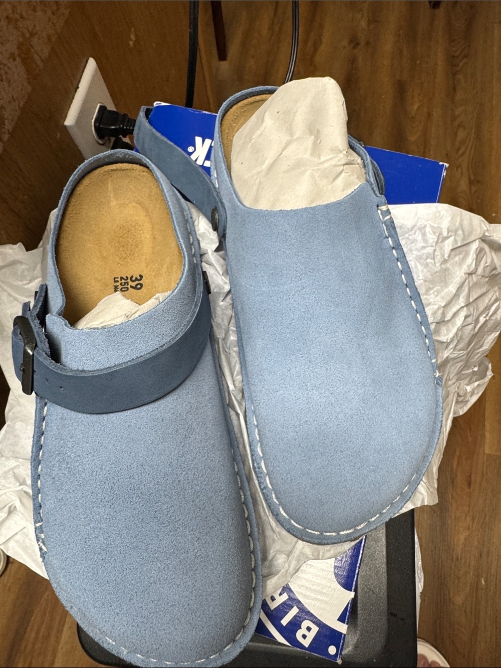 Birkenstock Light Blue Suede Clogs with Buckle Strap